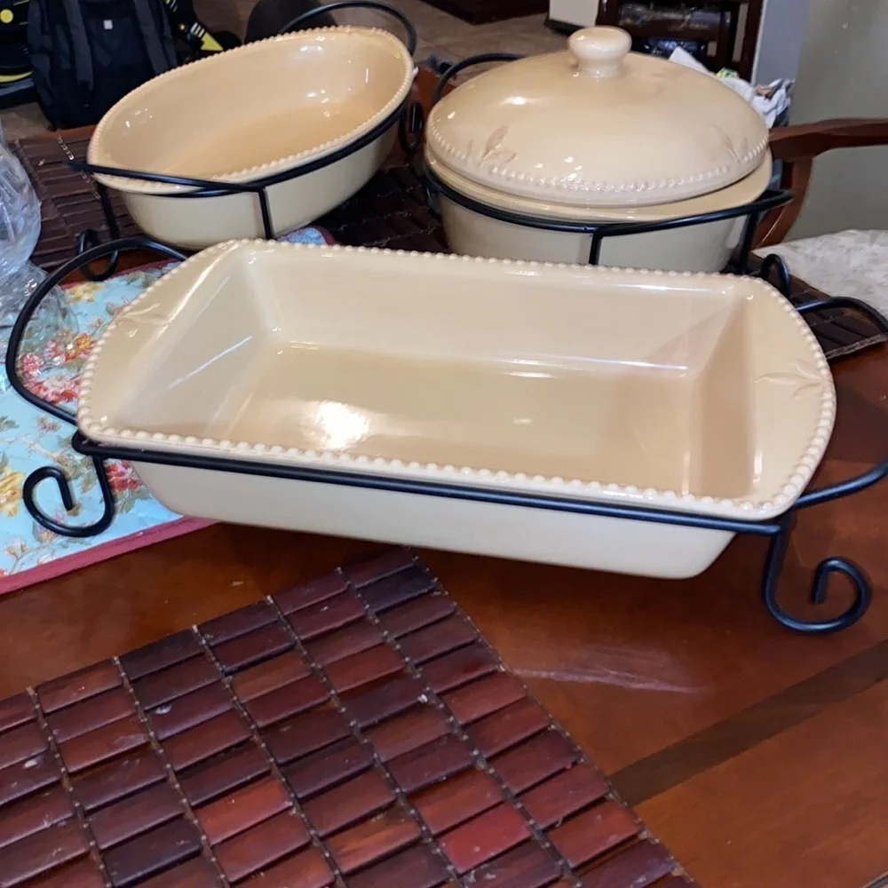 Debby Segura Designs 2005 set of 3 baking and serving dishes with serving racks